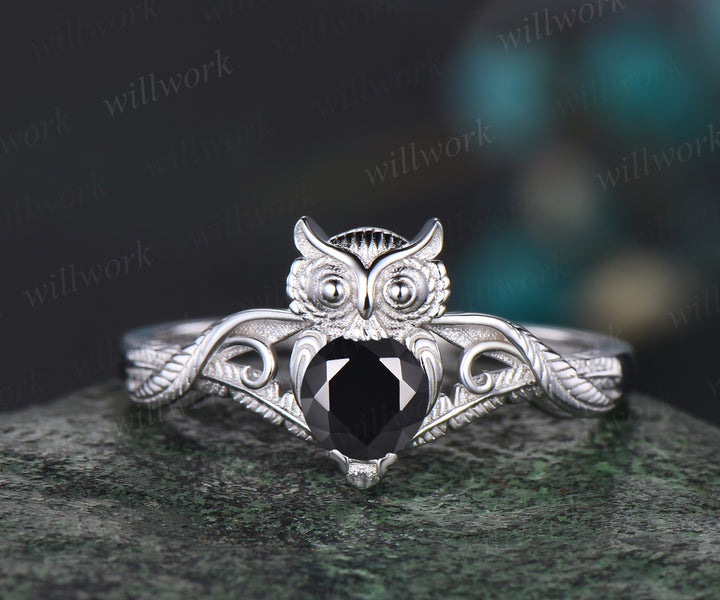 Unique Branch Twig Vine Owl Engagement Ring Round Black Onyx Wedding Ring Cute Owl Antique Nature Inspired Black Onyx Jewelry