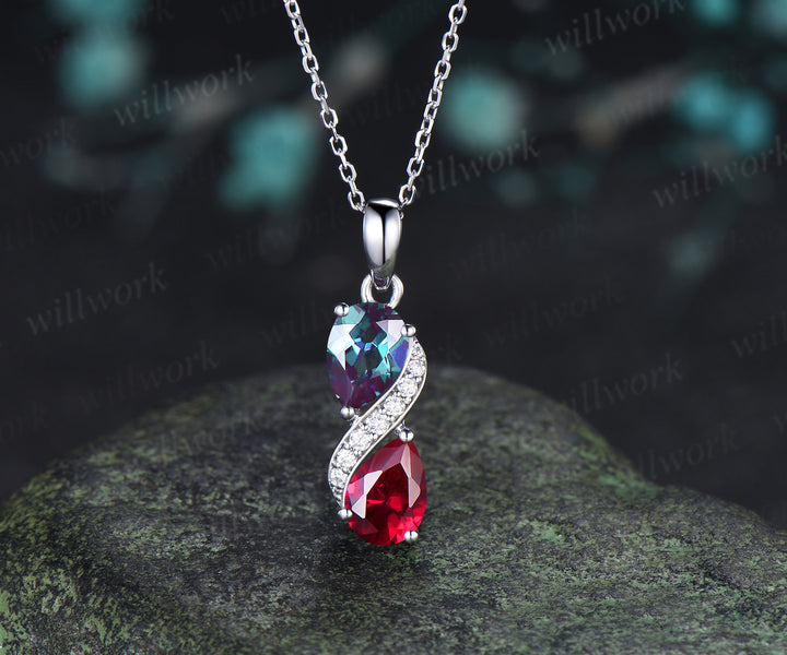 Pear Alexandrite Ruby Two Birthstone Stone Necklace Toi et Moi Pendant Moissanite Accents Infinity Necklace