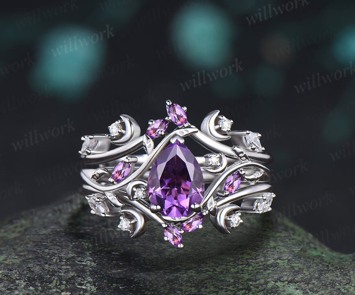 Pear Purple Amethyst Engagement Ring Nature Inspired Branch Leaf Moon Sold Gold Wedding Ring Set