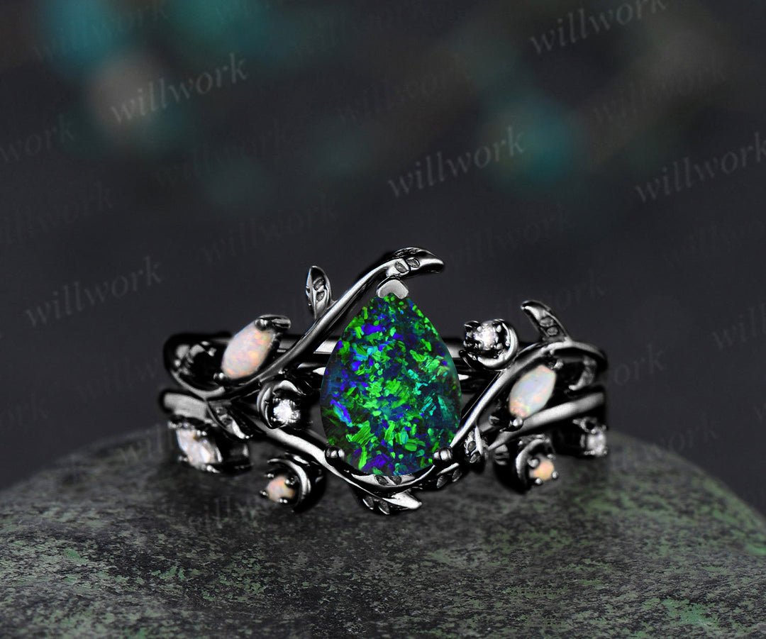 Vintage Pear Black Opal Leaf Vine Moon Ring Set & Tungsten Black Opals Gold Flakes Men Band Couple Ring Set