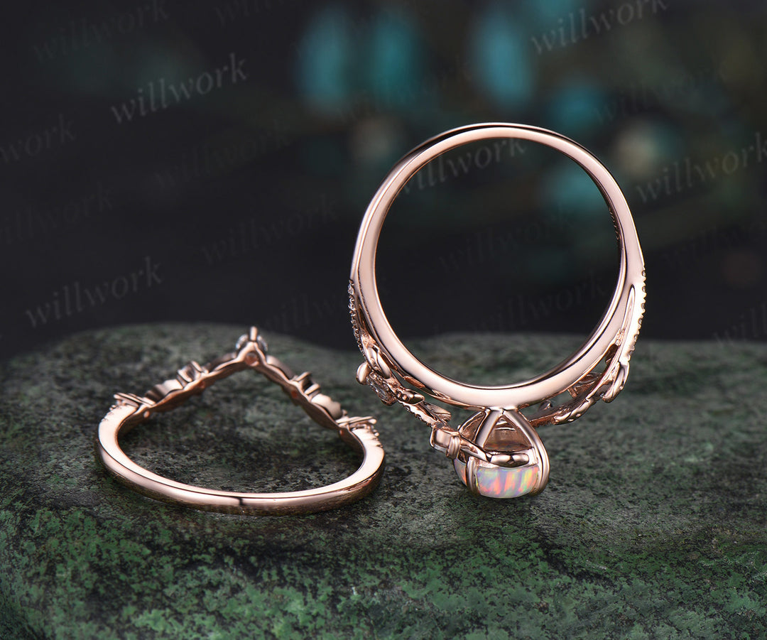 Vintage Oval white opal engagement ring rose gold art deco leaf nature inspired half eternity diamond anniversary ring women gift
