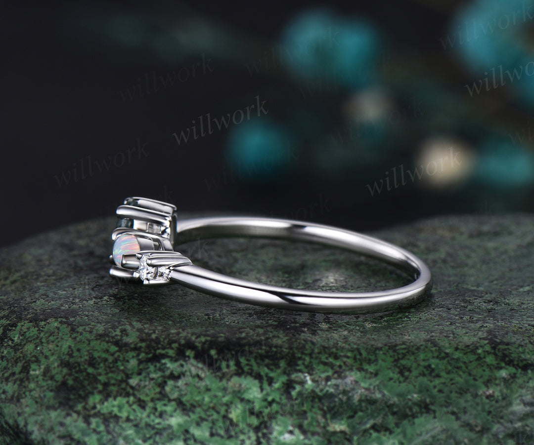 Dainty oval moss agate ring white gold three stone opal engagement ring Minimalist Multi-Stone Ring anniversary gift women