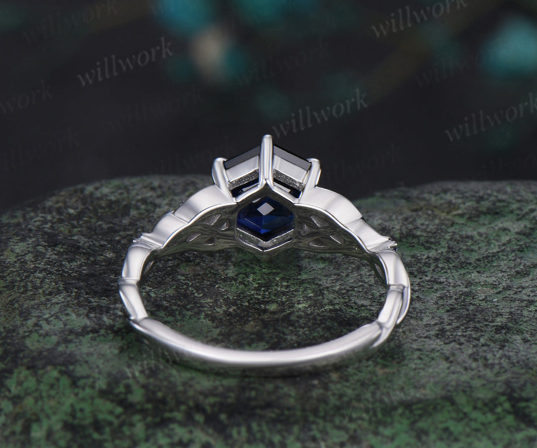 Hexagon cut blue sapphire engagement ring white gold five stone infinity Celtic knot September birthstone anniversary ring women