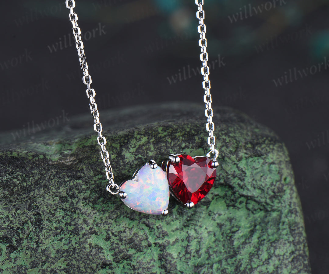 Delicate Heart Cut July Birthstone Ruby Necklace Minimalist October Birthstone Opal Two Stone Pendant 14k White Gold Double Heart Necklace