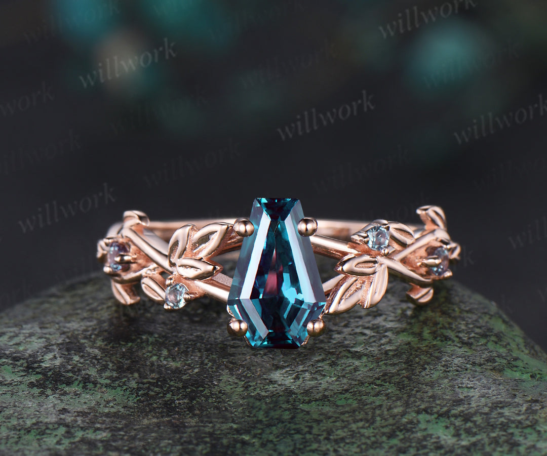 Coffin cut alexandrite engagement ring vintage five stone leaf infinity kite cut ring vine branch anniversary ring gift