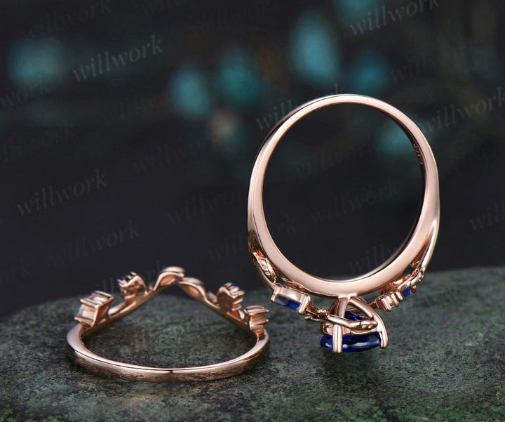 Vintage pear sapphire engagement ring set unique twig leaf moon ring marquise moissanite sapphire wedding band bridal jewelry set