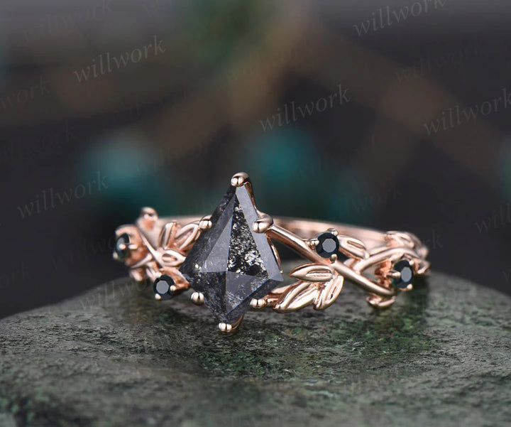 Leaf Kite Salt and Pepper Diamond Engagement Ring Nature Inspired Twig Black Diamond Accented Wedding Ring