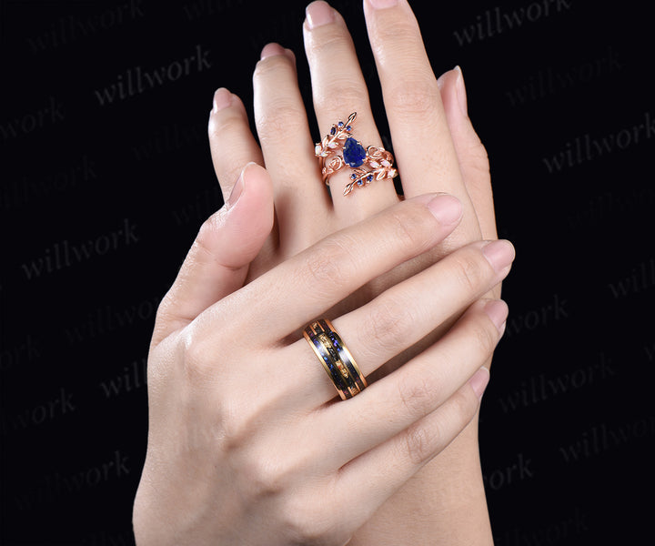 Pear Lapis Lazuli Leaf Vines Bridal Ring Set & Tungsten Galaxy Nebula Gold Flakes Men’s Band Unique Couple Ring Set