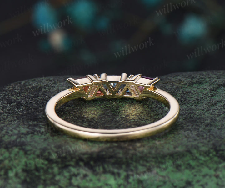 Trilliant cut garnet alexandrite amethyst ring solid 14k yellow gold five stone birthday gift Multi-Stone Rings anniversary ring women gift