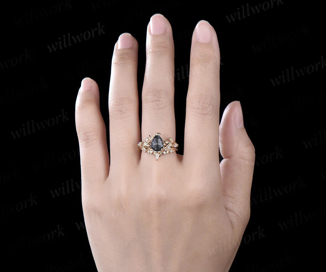 Vintage pear salt and pepper diamond engagement ring solid gold leaf branch nature inspired promise bridal ring set women