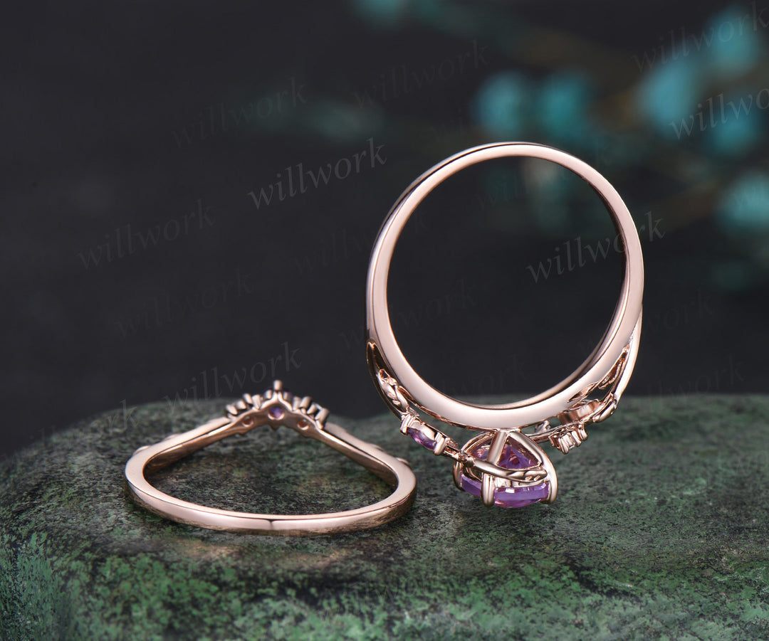 Oval Cut Natural Amethyst Engagement Ring Set February Birthstone Amethyst Moon Ring Leaf Nature Inspired 2pcs Bridal Ring Set