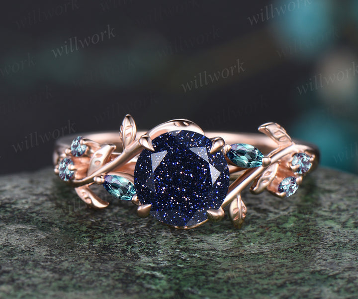 Galaxy Round Cut Blue Sandstone Engagement Ring Leaf Vine Twig Branch Nature Inspired Wedding Ring Alexandrite Bridal Ring Floral Healing Jewelry