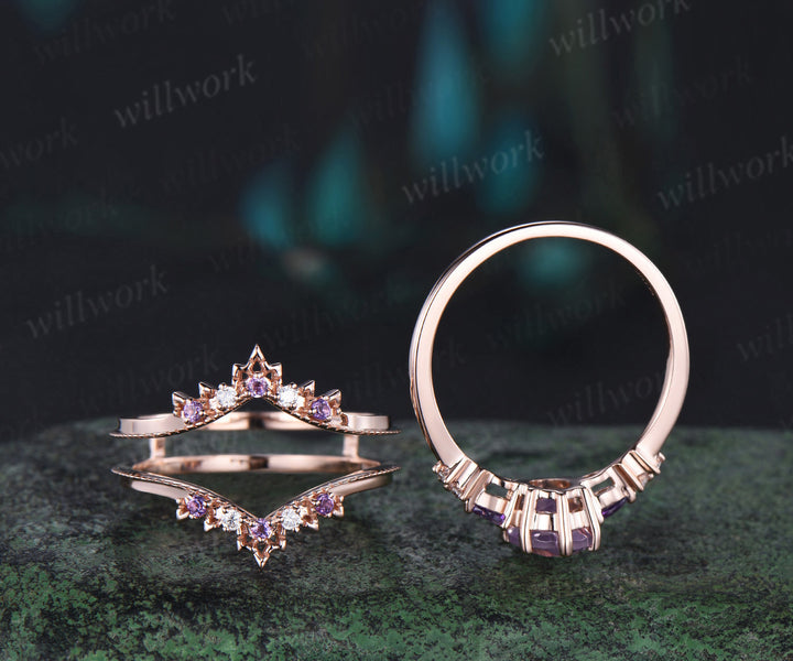 Oval cut Lavender Amethyst engagement ring 7 stone rose gold moissanite Crystal wedding band enhancer unique bridal set women