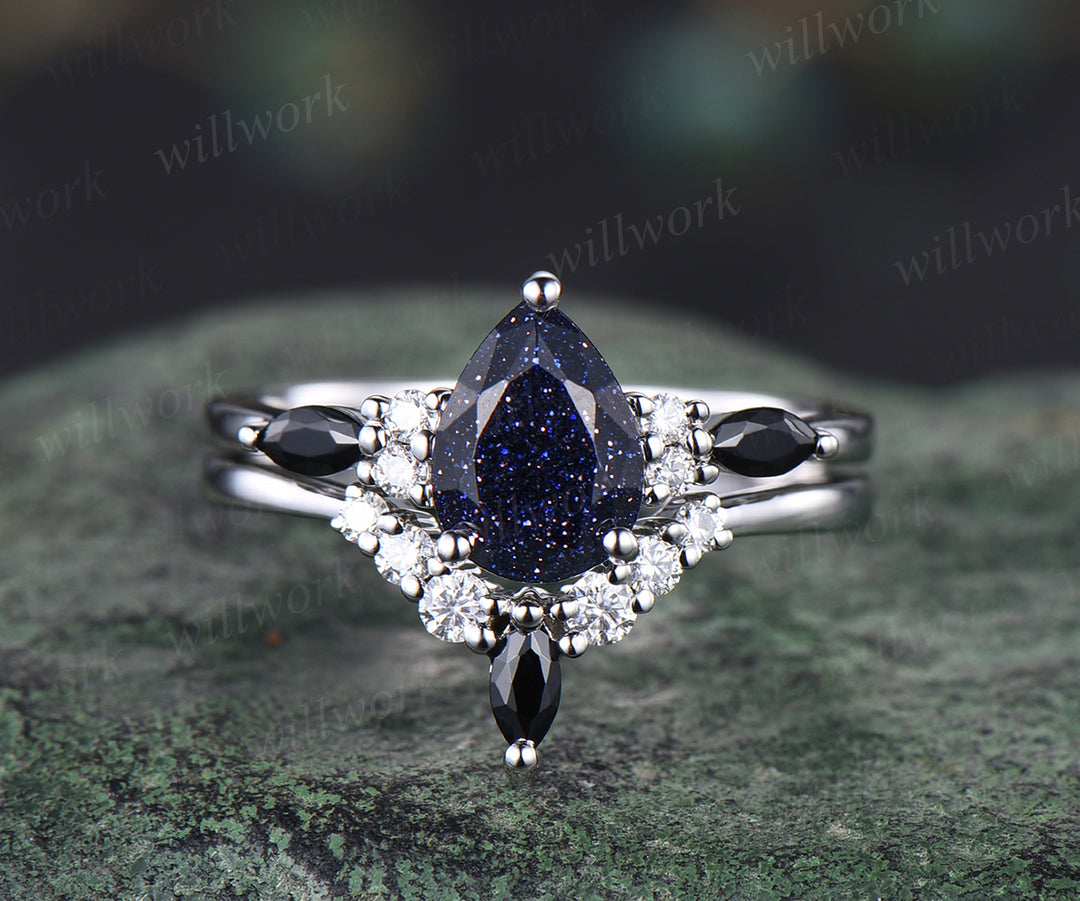 Vintage blue sandstone engagement ring set unique Galaxy blue gem ring curved moissanites wedding band bridal wedding set anniversary gifts