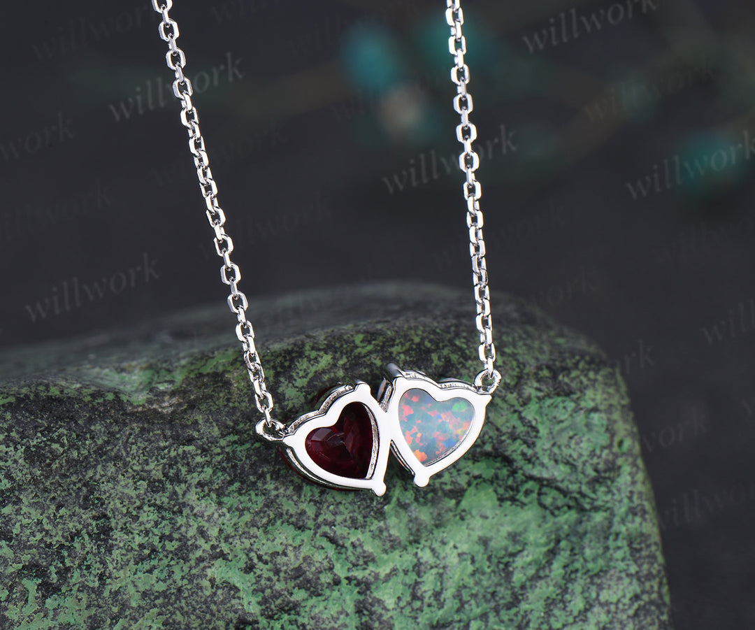 Delicate Heart Cut July Birthstone Ruby Necklace Minimalist October Birthstone Opal Two Stone Pendant 14k White Gold Double Heart Necklace