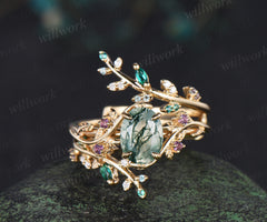 Oval cut moss agate engagement ring 14k yellow gold leaf amethyst emerald alexandrite wedding band enhancer women bridal ring set