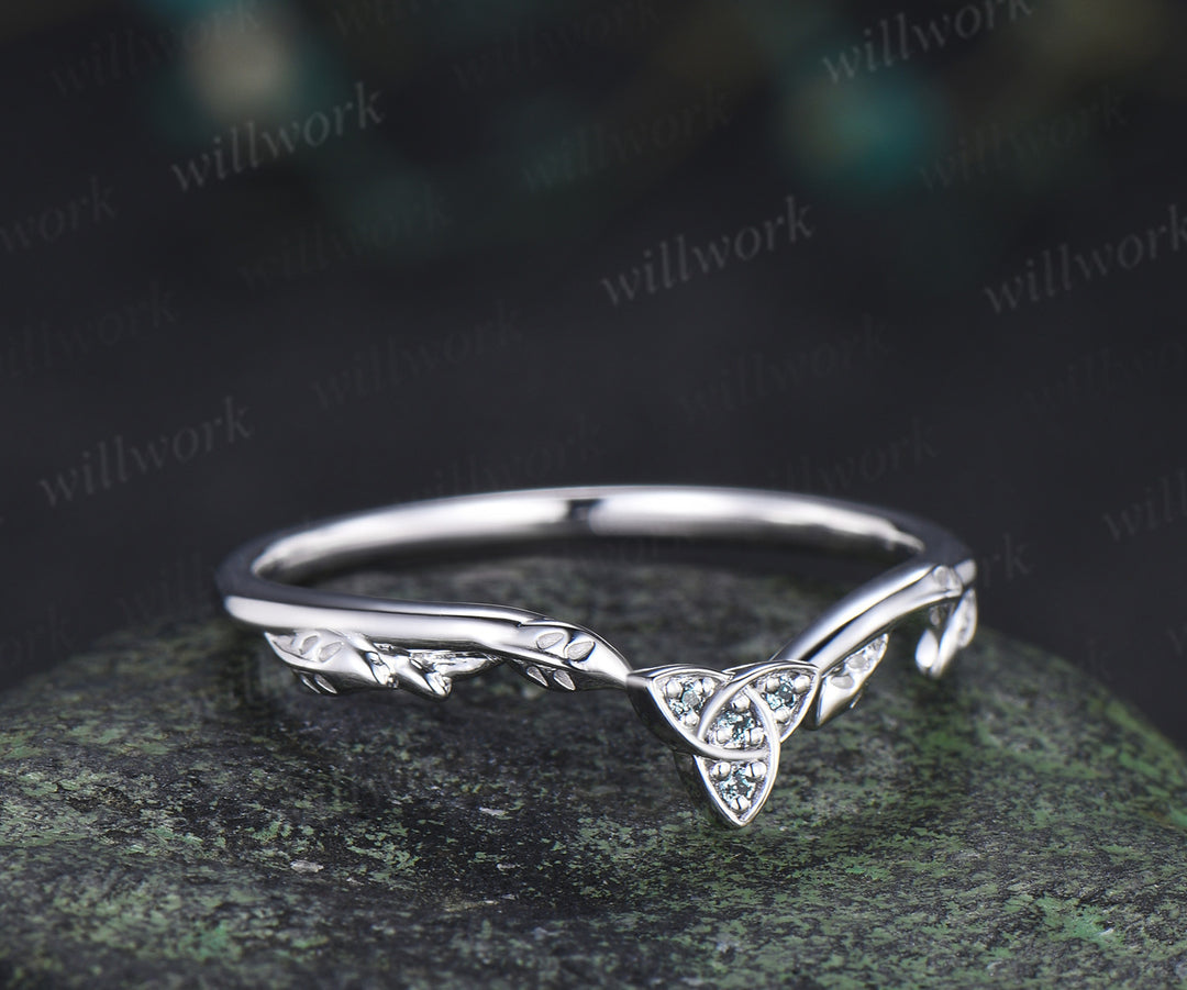 Celtic knot leaf alexandrite wedding band vintage trinity curved matching stacking band