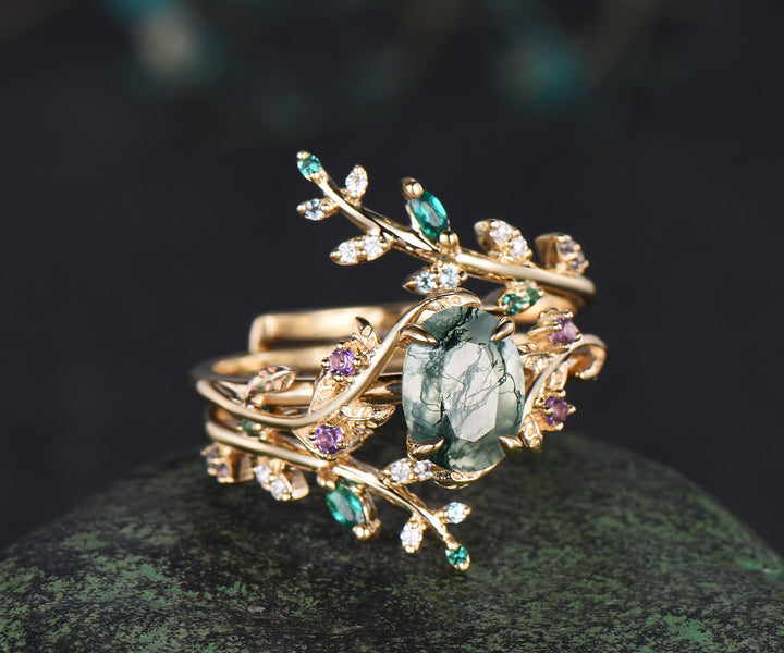 Oval cut moss agate engagement ring 14k yellow gold leaf amethyst emerald alexandrite wedding band enhancer women bridal ring set