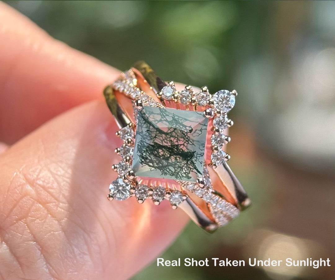 Moss agate ring vintage unique princess cut green moss agate engagement ring set rose gold twisted diamond promise wedding ring set women