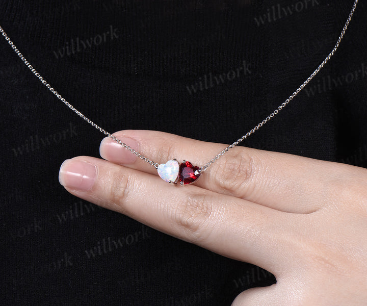 Delicate Heart Cut July Birthstone Ruby Necklace Minimalist October Birthstone Opal Two Stone Pendant 14k White Gold Double Heart Necklace