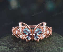 Butterfly alexandrite engagement ring pear cut alexandrite opal moissanite filigree milgrain ring unique nature inspired bridal wedding ring