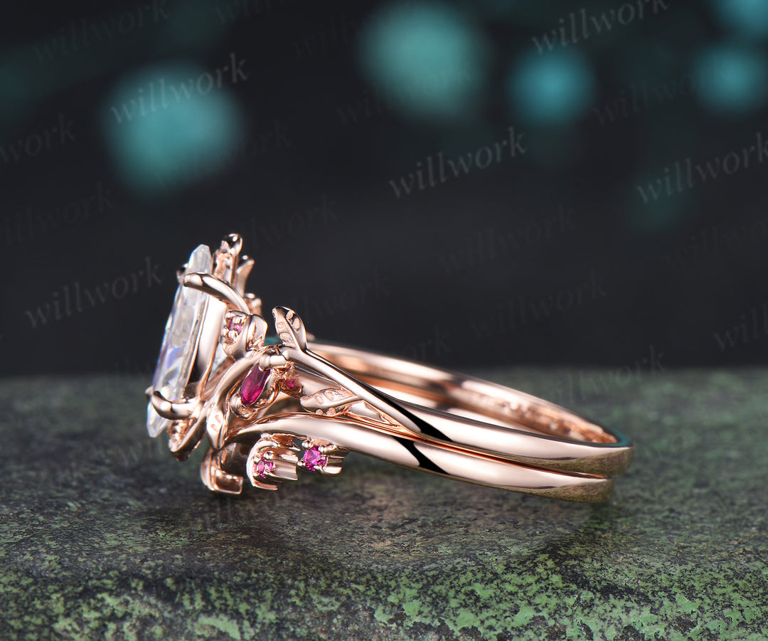 Marquise cut moissanite ring set leaf moon twig ring ruby accents nature inspired bridal set