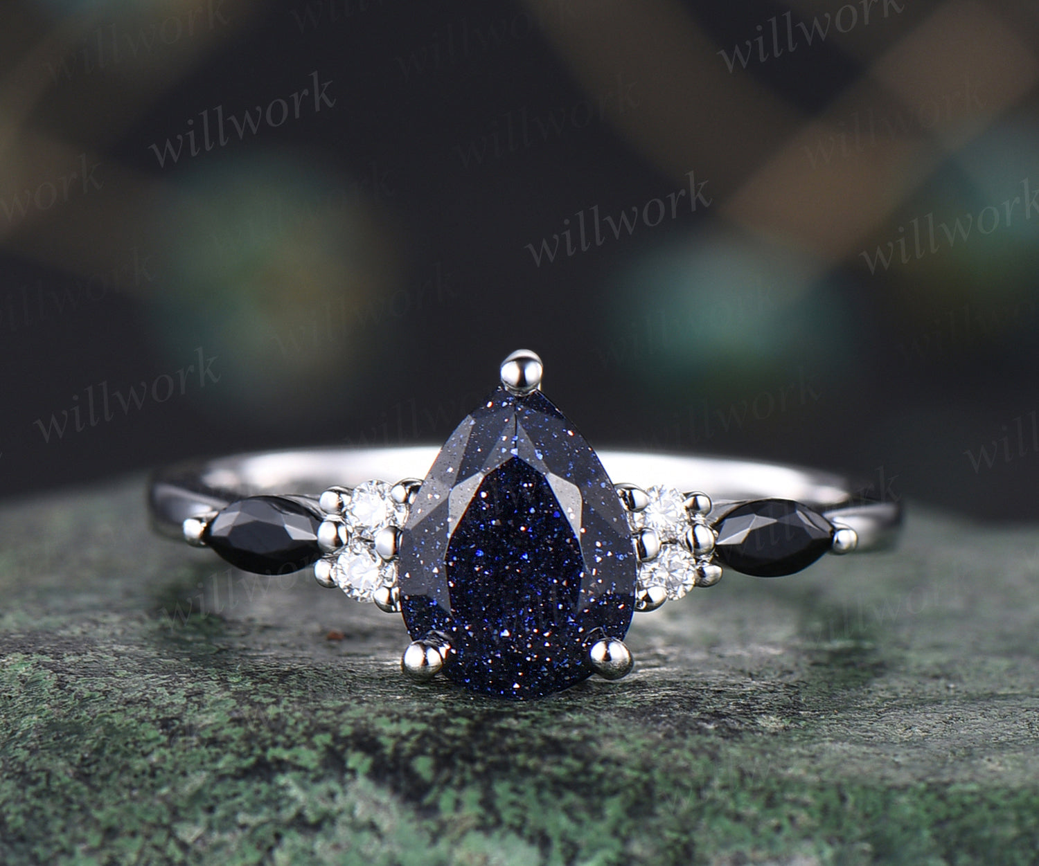 Vintage blue sandstone engagement ring set unique Galaxy blue gem