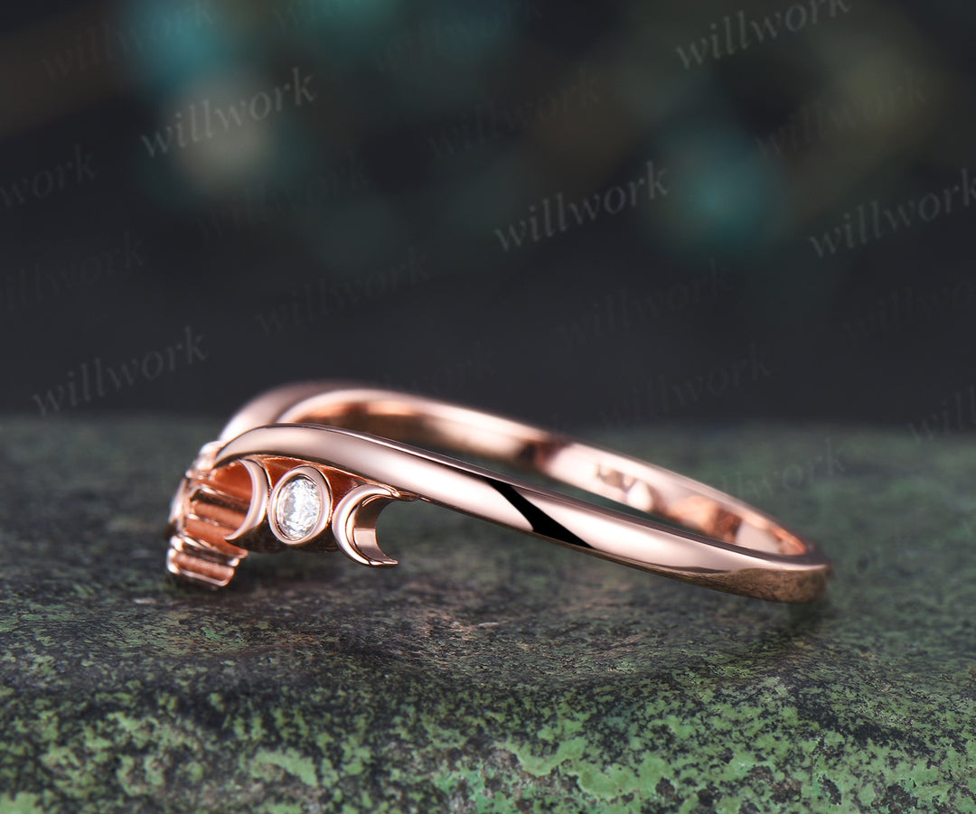 Dainty alexandrite sun moon wedding band bezel moissanite crescent curved stacking ring unique wedding ring for women