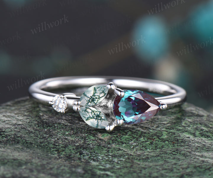Unique Pear Cut June Birthstone Alexandrite Wedding Band Delicate Marquise Cut Natural Green Moss Agate Wedding Ring Art Deco Four Stone Rose Flower Leaf Floral Promise Gift For Her