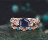 Unique Leaf Flower Vine Twig Branch Nature Inspired Engagement Ring Set Galaxy Blue Sandstone Alexandrite Wedding Ring 14k Rose Gold 2pcs Bridal Ring Set