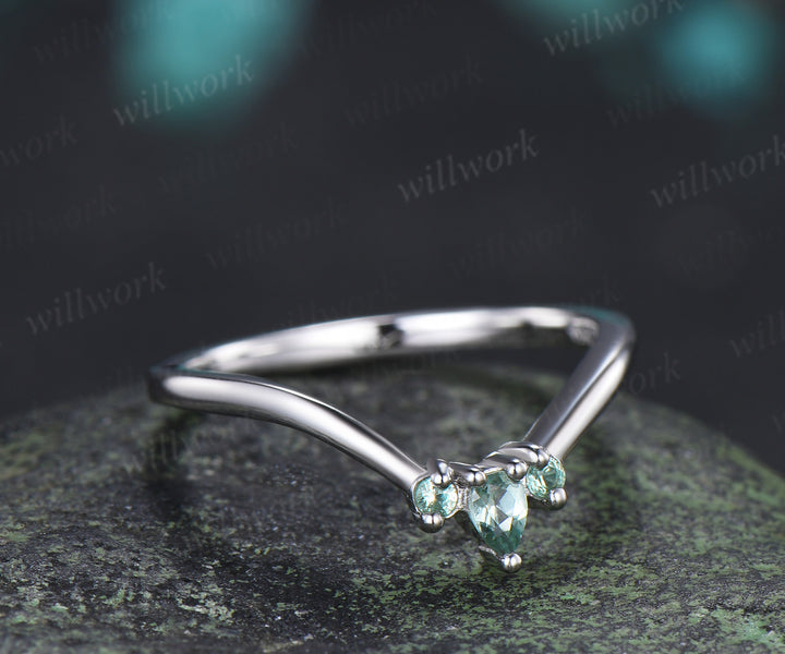 Curved green sapphire wedding band vintage three stone stacking ring women matching band