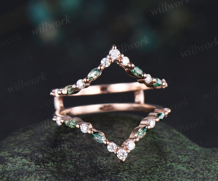 Marquise moss agate diamond wedding band enhancer wraps rose gold Double V curved stacking band band bridal ring women