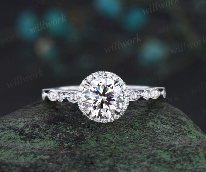 Round Lab Grown Diamond Halo Engagement Ring Set Half Eternity Bridal Wedding Ring Set