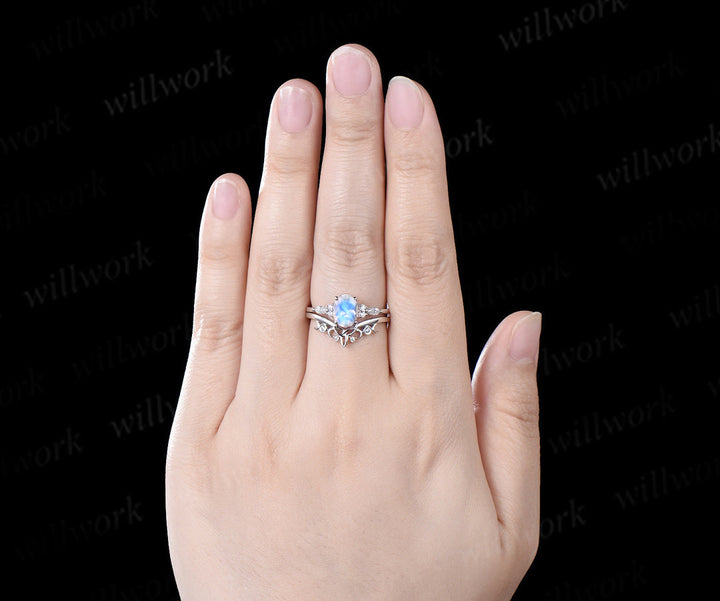 READY TO SHIP: Oval Moonstone Engagement Ring Set - 10k White Gold - Ring Size: 9 US