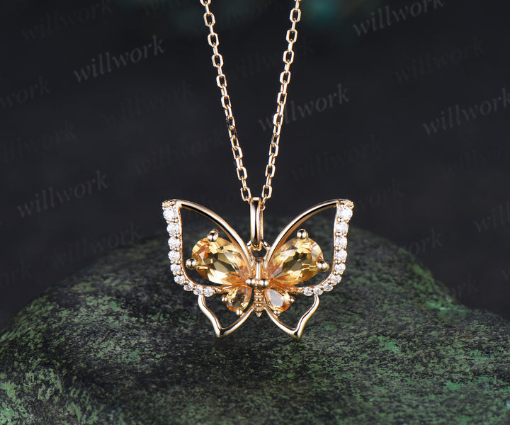 Vintage pear citrine butterfly necklace solid 14k yellow gold cystal pendant hollow up butterfly diamond pendant necklace gifts for her