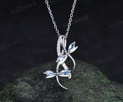 Aquamarine pendant necklace Elegant marquise aquamarine double dragonfly necklace moissanite accented pendant gifts for her