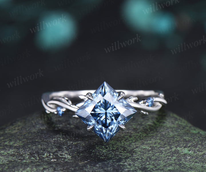 Princess Cut Blue Moissanite Ring Set Twig Branch Engagement Ring Amethyst Accents Twisted Wedding Band Unique Bridal Set