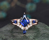 Unique Kite Cut September Birthstone Blue Sapphire Engagement Ring Set Art Deco Moissanite Diamond Curved V Shaped Wedding Band