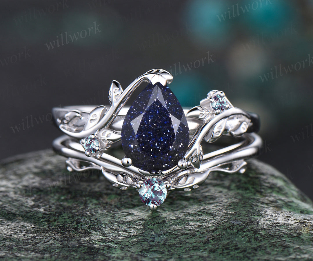 Galaxy Pear Cut Blue Sandstone Engagement Ring Set Unique Alexandrite Wedding Ring Art Deco 14k White Gold Leaf Floral Vine Twig Branch Nature Inspired 2pcs Bridal Anniversary Ring Set Healing Ring