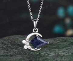 Minimalist Moon Necklace Delicate Kite Cut Galaxy Blue Sandstone Round Moissanite Cluster Pendant Art Deco Healing Jewelry Gift