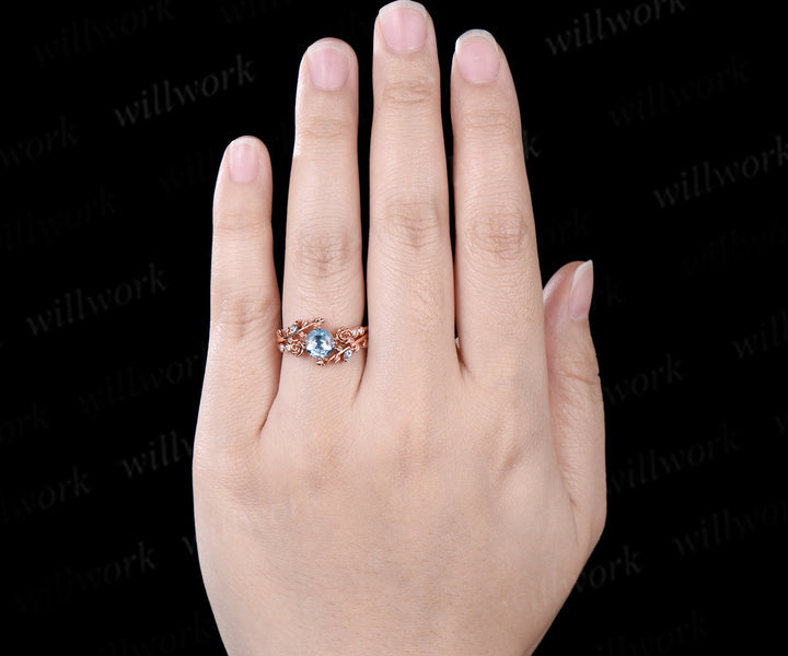 Unique round aquamarine engagement ring floral leaf diamond ring women rose gold nature inspired promise ring her gift