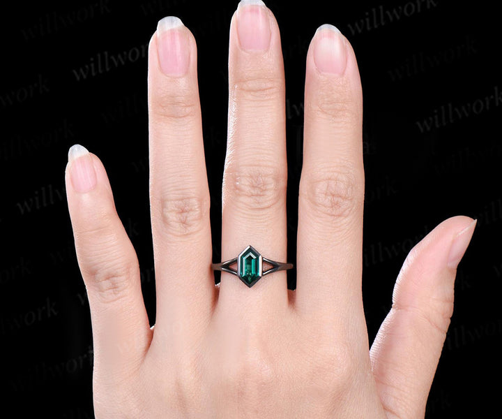 Long Hexagon Cut Emerald Engagement Ring 14k Black Gold Bezel Setting Split Shank Ring May Birthstone Solitaire Ring Women