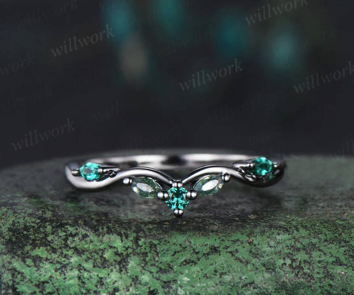 14K Black Gold Natural Green Moss Agate Emerald Engagement Ring Set Twig Vine Pear Moss Agate Wedding Ring Goth Black Promise Rings Anniversary gift