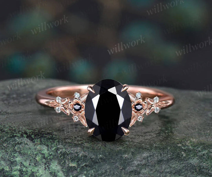 Vintage oval black Onyx engagement ring rose gold leaf nature inspired black spinel diamond ring women art deco bridal promise ring set