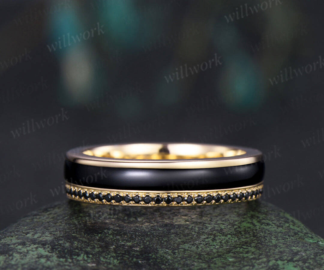 Full eternity bezel black onyx wedding band mens double line black spinel 18k rose gold ring unique engagement bridal ring him