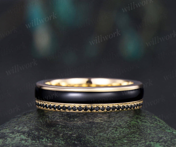 Full eternity bezel black onyx wedding band mens double line black spinel 18k rose gold ring unique engagement bridal ring him