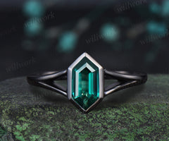 Long Hexagon Cut Emerald Engagement Ring 14k Black Gold Bezel Setting Split Shank Ring May Birthstone Solitaire Ring Women