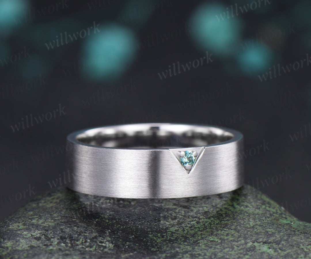 Solitaire Green Sapphire Men Wedding Ring Brushed Finish Geometric Band Minimalist Sapphire Ring for Him