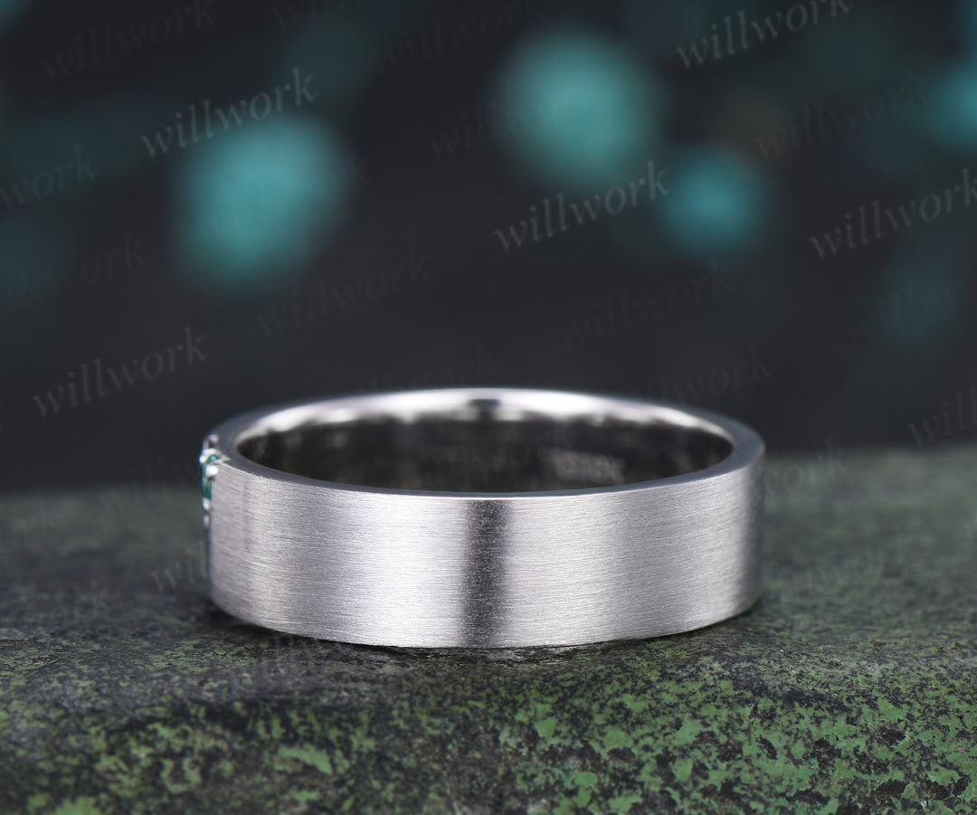 Solitaire Green Sapphire Men Wedding Ring Brushed Finish Geometric Band Minimalist Sapphire Ring for Him