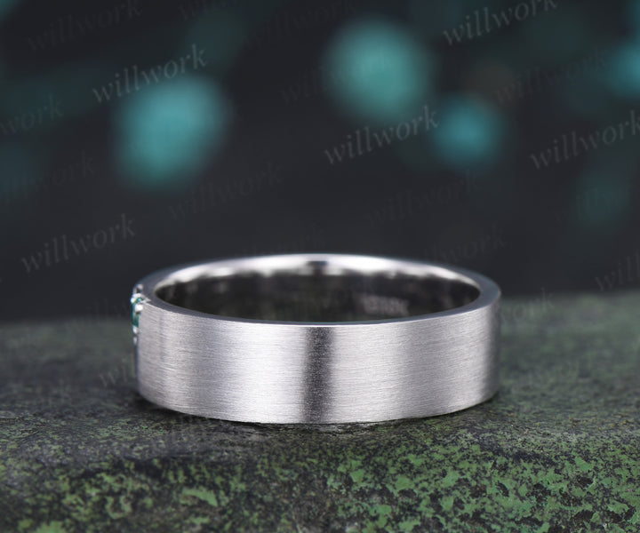 Solitaire Green Sapphire Men Wedding Ring Brushed Finish Geometric Band Minimalist Sapphire Ring for Him